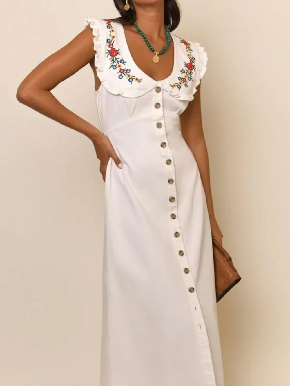 RIXO Nova Dress Midi Floral Embroidered Spread Collar Ecru Button front M - Picture 4 of 14